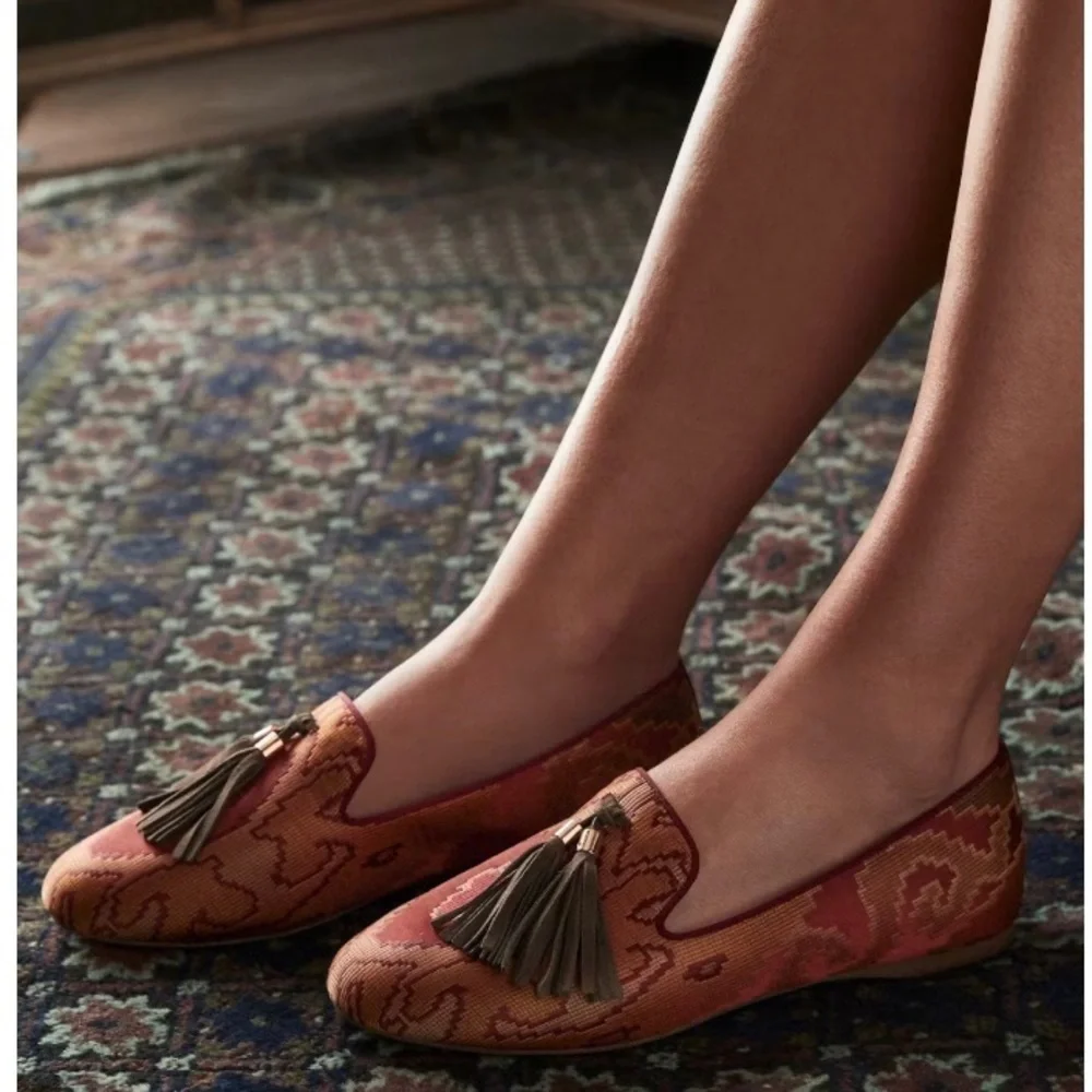 NEW BIRDIES The Starling Rust Tapestry Loafer Size 8.5 Smoking Slipper Tassels